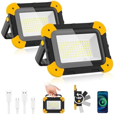 NATPOW Projecteur Led Rechargeable, 5 Modes Lampe de Chantier Batterie avec Câble USB, 3000mAh Eclairage Chantier Portable, IP65 Étanche Lumiere Chantier pour Garage, Camping, Pêche, 2 Pièces