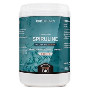 Spiruline Bio AB 500 mg -1200 comprimés - Riche en Protéines, Phycocyanine, Chlorophylle, Caroténoïde et Fer - GPH Entreprise Française
