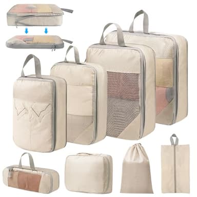 Organisateur Valise, Lot de 8 Organiseurs de Bagage pour Voyage, Organisateur de Voyage Sac de Compression Voyage, Packing Cubes Compression pour Les Vêtements, Chaussures et Cosmétiques (Beige)