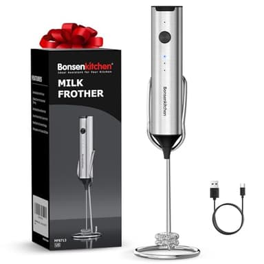 Bonsenkitchen Mousseur à Lait Électrique Rechargeable avec Support, 3 Vitesses, Mélangeur en Acier Inoxydable Démontable, Design Silencieux pour Cappuccino, Matcha, Cadeaux de Cuisine