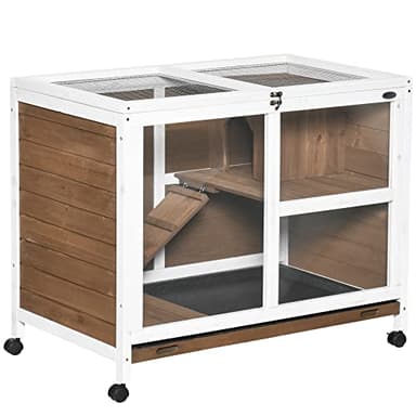 PawHut Cage à Lapin clapier sur roulettes Petit enclos Animaux en Bois Massif 2 étages Toit ouvrant Plates-Formes 91,5 x 53,3 x 73 cm Marron