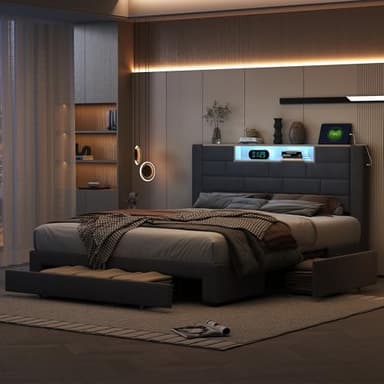 Lit 160x200 cm Avec Sommier LED et USB, Double en Tissu Velours Capitonné, 3 Tiroirs et Rangement Dans la Tête de Lit, Pour Adultes et Adolescents (Gris)