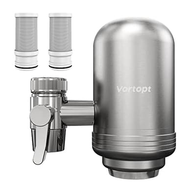 Vortopt Filtre eau Robinet en Acier Inoxydable, Système de Filtration d'eau à Bloc de Carbone, Filtre à eau du Robinet, Réduit Chlore, Mauvais Goût et Odeur, T2 (2 Filtres Inclus)