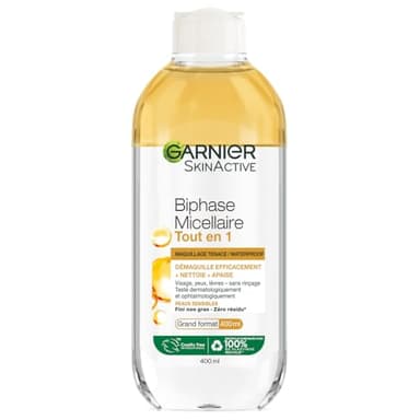 GARNIER Skin Active - Biphase Micellaire - Tout-en-1 - Nettoie, Démaquille & Apaise - Visage, Yeux, Lèvres - Enrichie En Micelles & Huiles - Vegan & Cruelty Free - Tous Types de Peaux - 400 ml