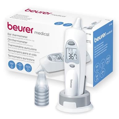 Beurer FT 58 thermomètre auriculaire, thermomètre médical avec technologie de mesure infrarouge, indicateur de fièvre, inclus 10 capuchons de protection, pour bébés, enfants et adultes
