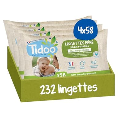 TIDOO- Lingette Bébé peaux sensibles- Sans Parfum - Lingettes Nettoyantes Sans Alcool Made in France - Soin Bébé Peaux Normales & Fragiles - 4x58 Lingettes Désinfectantes