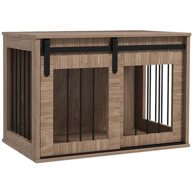 PawHut Cage Caisse Niche pour Chien Animaux intérieur Meuble Cage Chien intérieur 1 Porte coulissante, Table d'appoint, métal Effet Bois, dim. 57H x 80L x 54l cm