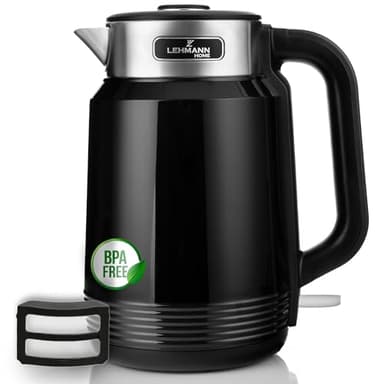 LEHMANN Bouilloire Électrique en Acier Inoxydable 2 L, 2200W, Chauffage Rapide, Double Paroi, Base 360°, Arrêt Automatique et Protection contre la surchauffe, sans BPA, idéale pour Familles, Noir