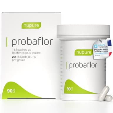 Nupure® Probiotique Probaflor 90 gélules, 20 milliards UFC, 11 souches bactériennes spéciales breveté, avec Prebiotique Inuline per la flore intestinale, mieux protégées grâce à un contenant spécial.