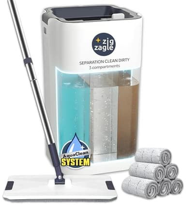ZIG ZAGLE - Kit Seau et Serpillière, Pure Water System,Separation Eau Propre/Sale : Ultra hygiénique, Nettoyage Facile, Compact, Balai Plat, serpillère Microfibre, autonettoyant, Seau essoreur