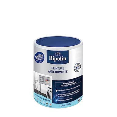 RIPOLIN - Peinture Anti-Humidité Intérieur - Haute Protection pour Murs Sujets aux Infiltrations d'Eau - Protège des Moisissures - Microporeuse & Lessivable - Satin - 0,75L - Gris Lome