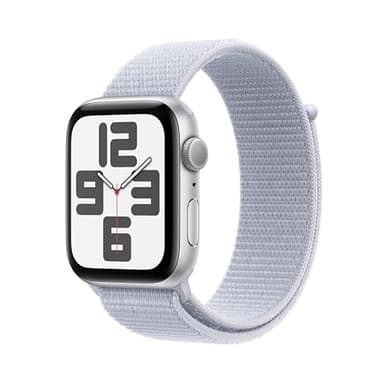 Apple Watch SE (2ᵉ génération) 44 mm GPS Montre connectée avec Boîtier en Aluminium Argent et Boucle Sport nuée Bleue. Suivi activité et Sommeil, détection Accidents, Neutre en Carbone
