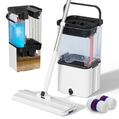 Eukue Serpillère Seau Essoreur avec Séparation Eau Propre et Sale, Balai Serpillère Plat Microfibre avec 2 Coussinets, Amovible Seau Essoreur avec Serpillère de Nettoyage pour Sols(Blanc)