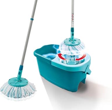 Leifheit Clean Twist Disc Mop Ergo Kit complet balai, serpillière et seau essoreur, ensemble balai serpillère en microfibre avec manche télescopique, essorage sans effort