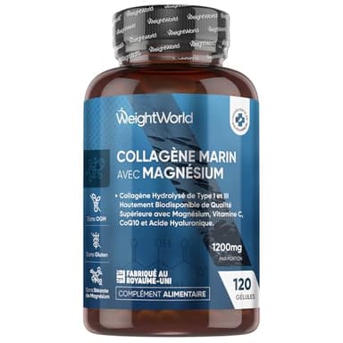 Collagène Hydrolysé Type 1 & 3 Complexe avec Vitamine C, Magnésium, Zinc, Acide Hyaluronique, CoQ10, Extrait de Bambou, Peptide de Collagène Marin 1200mg, 120 Gélules - sans Stearate de Magnesium