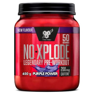 BSN Nutrition N.O.-Xplode Complément alimentaire Pre Workout en poudre, maintient l'énergie et la concentration avec caféine, acides aminés, vitamine C et zinc, goût Purple Power, 50 portions, 650 g
