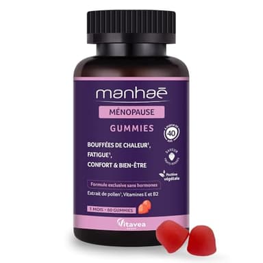 Vitavea - Manhaé - Ménopause Gummies - Complément alimentaire ménopause sans hormones - Bouffées de chaleur, bien-être - Pollen BIO, Vitamine E, Vitamine B2-60 gummies saveur fruits rouges - 1 mois