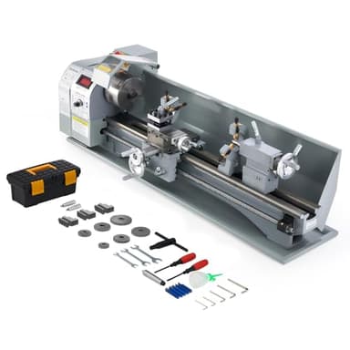 CREWORKS 1100W Mini Tour à Métaux d'Établie 220x750mm 9"x30" Haute Précision avec Mandrin à 3 Mâchoires et Vitesse de Broche Max. 3000rpm Écran LCD pour Filetage Tournage Perçage
