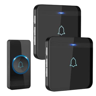 AVANTEK Sonnette sans Fil, Bouton de Sonnette, Carillon de Porte étanche IP55 avec 2 récepteurs enfichables, Flash LED, 5 Niveaux de Volume, 52 mélodies, portée de Fonctionnement de 400 m, Noir