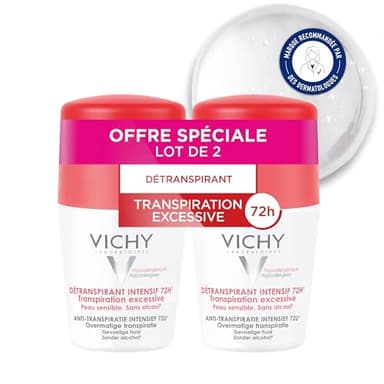 Vichy, Déodorant Détranspirant Intensif 72H Roll-on, Transpiration Excessive, Adapté aux Peaux Sensibles, Lot de 2 x 50ml