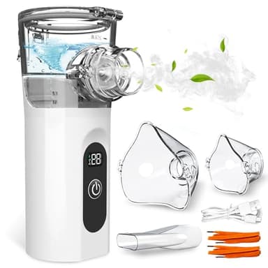 Nebulisateur Portable Silencieux, Nébuliseur pour Adulte et Enfant avec Ecran Digital, Aerosol Inhalateur avec 2 Masques Adulte et Enfant Embout Buccal Recharge USB-C pour la Maison et les Voyages