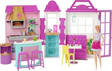 Barbie Pizzeria – Coffret Complet Avec Pâtes à Modeler 3 Couleurs, Four, Caisse Et Accessoires – Poupée En Tenue De Chef – Dès 3 Ans