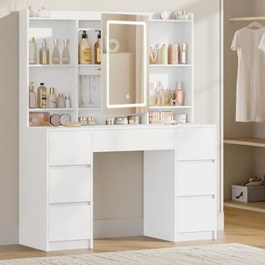 Hzuaneri Grande Coiffeuse avec Miroir et éclairage LED Réglable, 7 Tiroirs et Rangement pour Bijoux, Idéale pour Les Dressings et Les Chambres Blanc DT43203XEU