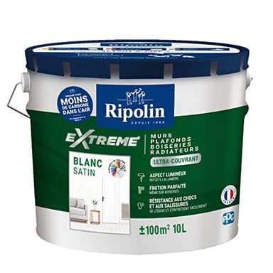 RIPOLIN - Peinture Monocouche pour Murs, Boiseries & Radiateurs - Intérieur - Finition Parfaite - Aspect Lumineux - Haute Résistance aux Chocs & Salissures - Lessivable - Satin - 10L - Blanc