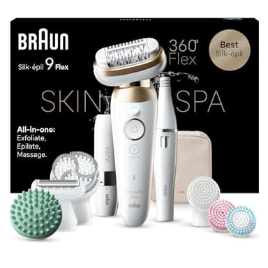 Braun Epilateur Electrique Pour Femmes Silk-épil 9 9-681 3D, Tête Flexible 360°, Etanche, Sans Fil, Kit De Spa Tout-En-Un Avec Accessoire FaceSpa, Mini-Rasoir Visage, Tête Exfoliante, Tête De Massage