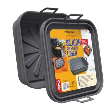 PORTENTUM Moule Silicone Air Fryer 22,5 cm– Pour les friteuses à air de 4,7 à 8 litres – Lot de 2 Contenants Pliables Réutilisables – Certifiés LFGB et Sans BPA – Accessoire Air Fryer (Gris)