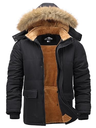 Peakwell Hommes Veste Doublée D'hiver Parka Coupe-Vent Blouson Chaud de Travail Extérieur avec Capuche Amovible, Noir, L