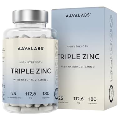 Zinc 25mg + Vitamine C - 3 Formes: Zinc Bisglycinate, Picolinate, Monomethionine Triple Zn Complement Alimentaire Haute Puissance Formule à Spectre Complet - 180 Gelules