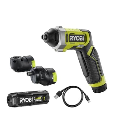 RYOBI - Tournevis 4V USB Lithium Kit Complet RSD4-120TA2 - Têtes Interchangeables - Pour Vissage Angles, Ras de Paroi & Tiroirs - Inclus Batterie 2,0Ah & Câble