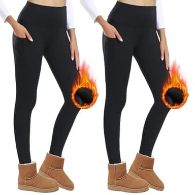 AMIYOYO Lot de 2 Leggings Thermiques pour Femme avec Poches, Doublés, Taille Haute, en Polaire, Opaques, Chauds, Noir x 2, L-XL