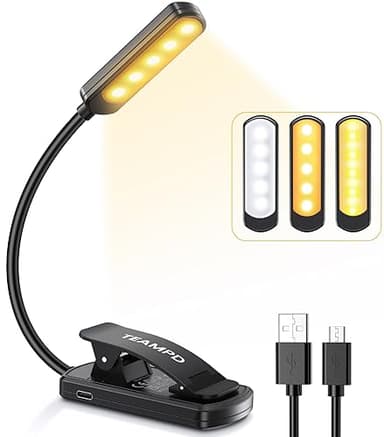 TEAMPD Lampe de Lecture,10 LEDs Liseuse Lampe Clip USB Rechargeable, 360°Cou Flexible, 3 Couleur & 100%-10% à Intensité Variable, Mini Veilleuse pour Lire au Lit,Enfant,Kindle,Voyage,Camping
