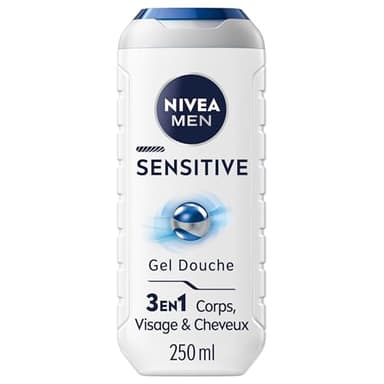 NIVEA MEN Gel Douche Sensitive (1 x 250 ml) — Soin lavant enrichi à l'extrait de Bambou — Gel douche homme 3 EN 1 — Soin nettoyant doux Corps Visage & Cheveux pour les peaux sensibles