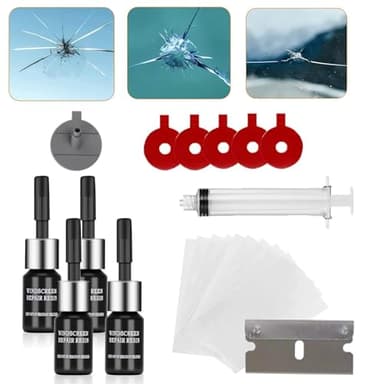 BASTOUR Kit Reparation Pare Brise de Voiture, Outil Réparation Pare-Brise, 4 Bouteilles de Liquide RéParation pour Les Fissures en Forme de Demi-Lune, Les Toiles D'AraignéE, Les Dommages en éToile
