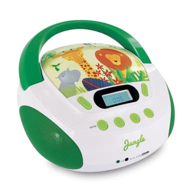 MOOOV 477144 Lecteur CD Enfant Jungle MP3 et Port USB - AUX-in - Prise Casque - Poste Portable avec Poignée de Transport - Alimentation Secteur ou Piles - Vert et Blanc
