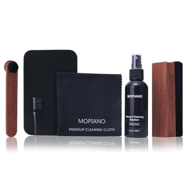 Mopiano Kit de nettoyage complet 6 en 1 pour disques vinyles avec brosse en velours doux, liquide de nettoyage LP, brosse à stylet, brosse en nylon, chiffon en microfibre et boîte de rangement