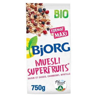BJORG - Muesli Superfruits Bio - Raisins, Cassis, Myrtilles, Cranberries - Sans Sucres Ajoutés - 750 g
