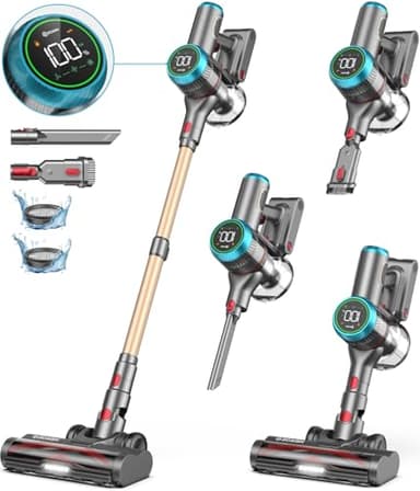 ZCAISH Aspirateur Balai sans Fil, 550W/45Kpa/60Mins Aspirateur sans Fil avec écran Intelligent, Aspirateur Balai avec Recharge Murale et Brosse Anti-emmêlement pour Tapis, Sols Durs, Poils d'animaux