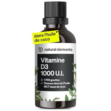 natural elements Vitamine D3 – 1000 U.I. Vitamine D par goutte – 50 ml (1700 gouttes) – enhuile TCM de noix de coco – fortement dosée, liquide