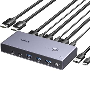 UGREEN Switch KVM Displayport 8K 60Hz 2 Entrées 1 Sortie Commutateur KVM DP 1.4 4K 240Hz USB C 3 USB A pour Clavier Souris Disque Dur Imprimante Moniteur avec Contrôleur de Bureau 2 Câbles DP 1M