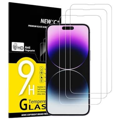 NEW'C Lot de 3, Verre Trempé pour iPhone 14 Pro Max (6,7"), Film Protection écran -sans Bulles d'air -Ultra Résistant (0,33mm HD Ultra Transparent) Dureté 9H Glass