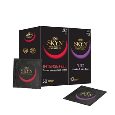 Lot de 60 : SKYN Intense Feel (50 Préservatifs Perlés) & SKYN Elite (10 Préservatifs Ultra Fins) / Préservatifs sans latex Skynfeel pour Homme, de taille régulière, forme droite/Diamètre 53mm
