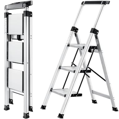 XinSunho Escabeau 3 Marches en Aluminium, Échelles Pliable avec Main Courante Extractible, Petit Escabeau Antidérapant Échelle Multifonctions pour la Maison et Le Bureau, Capacité 150 KG