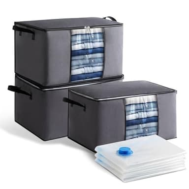 NEWSONA Lot de 3 Sacs de Rangement en Tissu Non-tissé 60×40×35 cm (Gris Foncé) + 3 Sacs Sous Vide 70×50 cm, Housses avec Fenêtre pour Couette, Vêtements, Linge de Maison