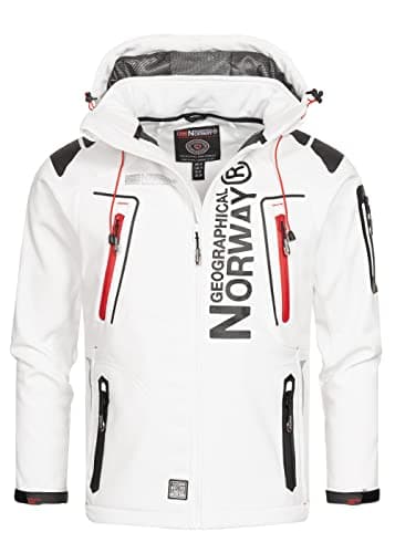 Geographical Norway Techno Men Distribrands - Veste Softshell Homme Impermeable - Manteau Respirant À Capuche Outdoor - Blouson Coupe Vent Tactique Resistant Hiver (Blanc/Rouge S)