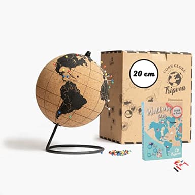 TRIPVEA® Globe terrestre 20 cm vintage en liège + 342 drapeaux autocollants à planter - Mappemonde décorative thème voyage - Idée cadeau et déco idéale pour votre bureaux ou votre enfant