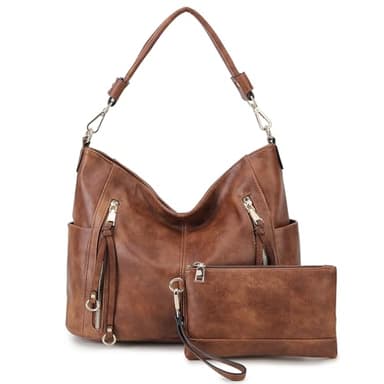Chase Chic Sacs à main Hobo Sac porté épaule pour femmes,Sac Shopping Cuir PU Grande Sacs bandoulière Sacs portés épaule Portefeuille 2pcs Set Marron